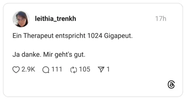 Ein Therapeut entspricht 1024 Gigapeut. Ja danke. Mir geht's gut.