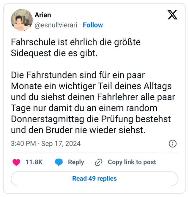 Fahrschule ist ehrlich die größte Sidequest die es gibt. Die Fahrstunden sind für ein paar Monate ein wichtiger Teil deines Alltags und du siehst deinen Fahrlehrer alle paar Tage nur damit du an einem random Donnerstagmittag die Prüfung bestehst und den Bruder nie wieder siehst.