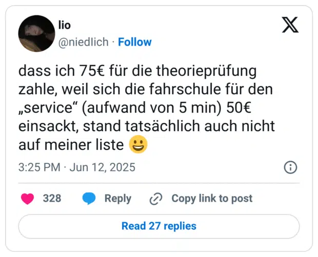dass ich 75€ für die theorieprüfung zahle, weil sich die fahrschule für den „service“ (aufwand von 5 min) 50€ einsackt, stand tatsächlich auch nicht auf meiner liste 😀