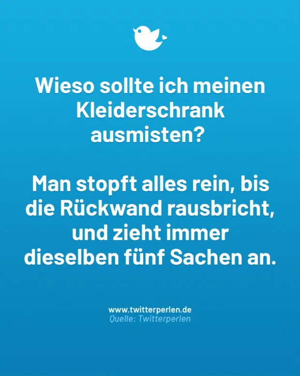 Wieso sollte ich meinen Kleiderschrank ausmisten?
Man stopft alles rein, bis die Rückwand rausbricht, und zieht immer dieselben fünf Sachen an.