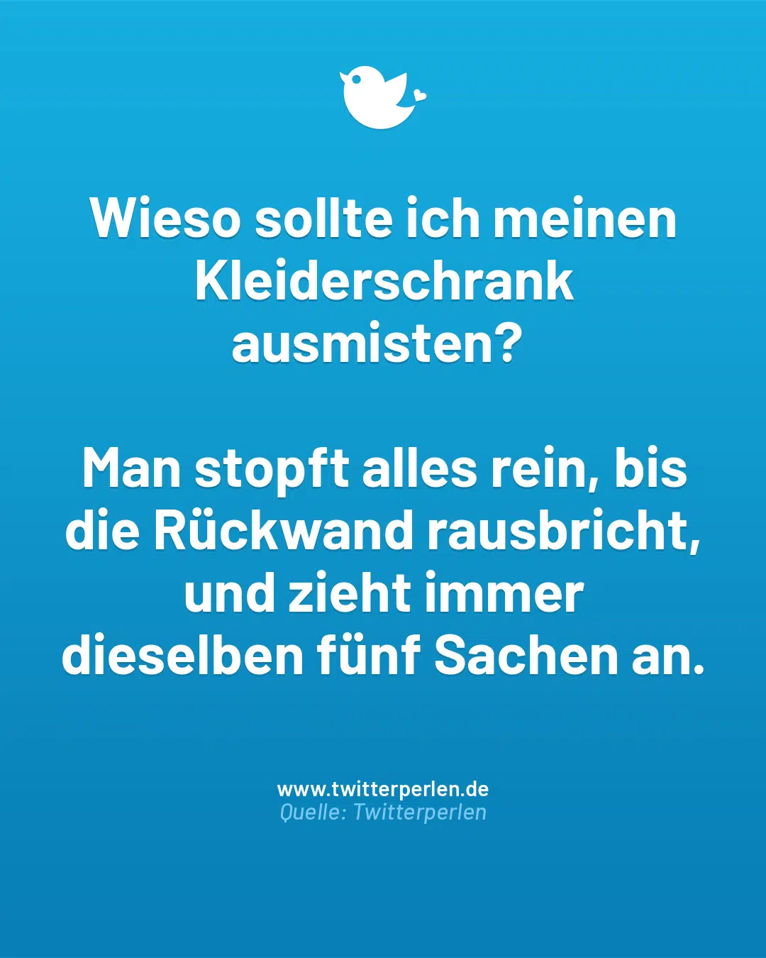 Wieso sollte ich meinen Kleiderschrank ausmisten?
Man stopft alles rein, bis die Rückwand rausbricht, und zieht immer dieselben fünf Sachen an.