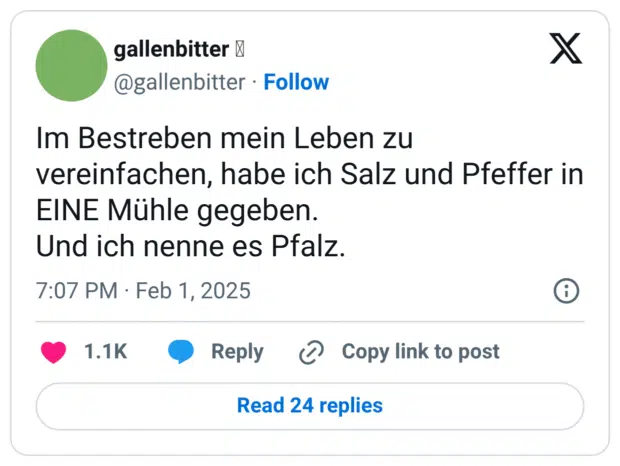 Im Bestreben mein Leben zu vereinfachen, habe ich Salz und Pfeffer in EINE Mühle gegeben. Und ich nenne es Pfalz.