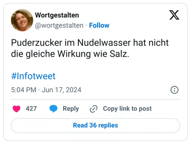 Puderzucker im Nudelwasser hat nicht die gleiche Wirkung wie Salz.