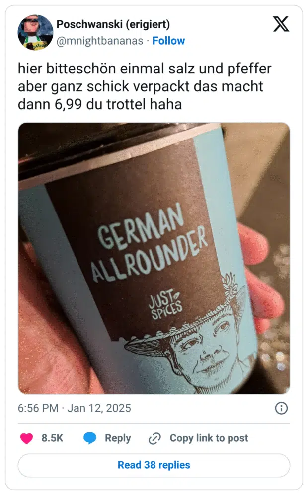 hier bitteschön einmal salz und pfeffer aber ganz schick verpackt das macht dann 6,99 du trottel haha