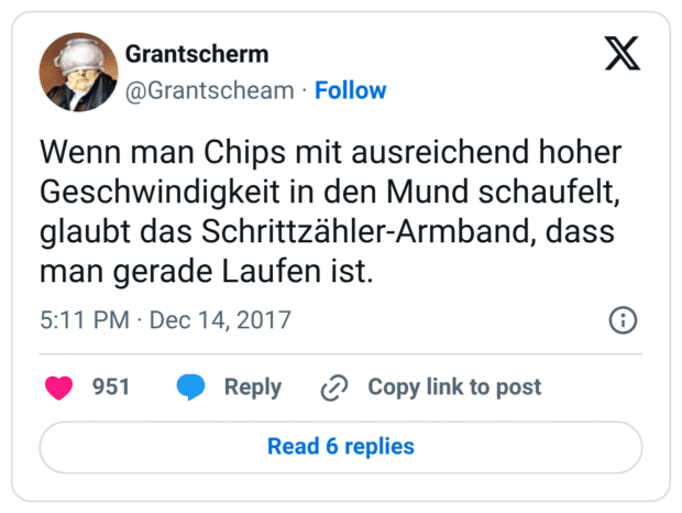 Wenn man Chips mit ausreichend hoher Geschwindigkeit in den Mund schaufelt, glaubt das Schrittzähler-Armband, dass man gerade Laufen ist.