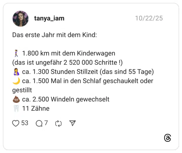 Das erste Jahr mit dem Kind: 🚶‍♀️ 1.800 km mit dem Kinderwagen (das ist ungefähr 2 520 000 Schritte !) 🤱 ca. 1.300 Stunden Stillzeit (das sind 55 Tage) 🌙 ca. 1.500 Mal in den Schlaf geschaukelt oder gestillt 💩 ca. 2.500 Windeln gewechselt 🦷 11 Zähne