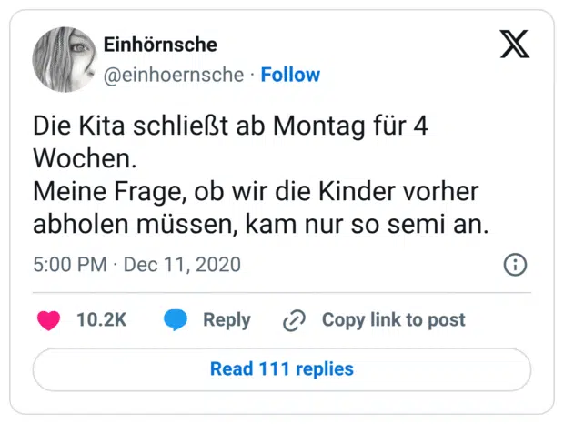 Die Kita schließt ab Montag für 4 Wochen. Meine Frage, ob wir die Kinder vorher abholen müssen, kam nur so semi an.