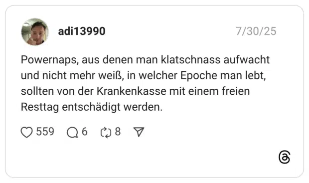 Powernaps, aus denen man klatschnass aufwacht und nicht mehr weiß, in welcher Epoche man lebt, sollten von der Krankenkasse mit einem freien Resttag entschädigt werden.