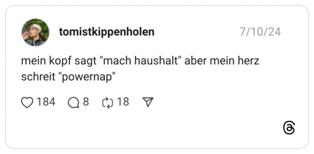 mein kopf sagt "mach haushalt" aber mein herz schreit "powernap"