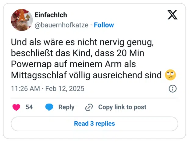 Und als wäre es nicht nervig genug, beschließt das Kind, dass 20 Min Powernap auf meinem Arm als Mittagsschlaf völlig ausreichend sind 🙄