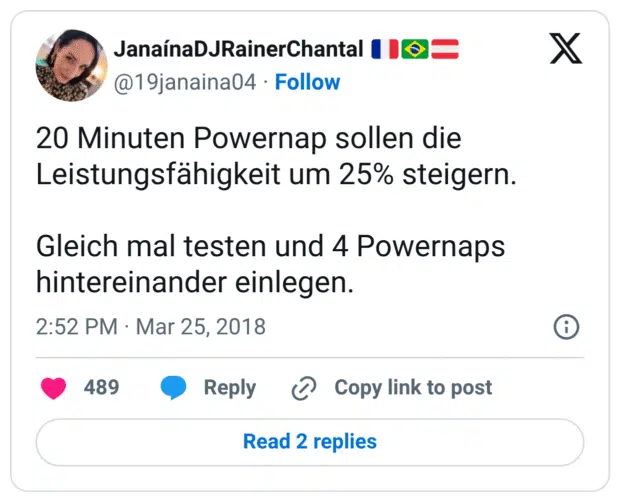 20 Minuten Powernap sollen die Leistungsfähigkeit um 25% steigern. Gleich mal testen und 4 Powernaps hintereinander einlegen.