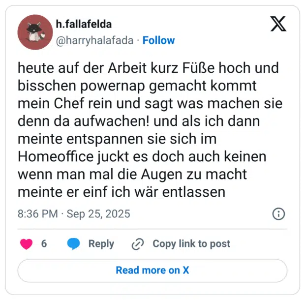 heute auf der Arbeit kurz Füße hoch und bisschen powernap gemacht kommt mein Chef rein und sagt was machen sie denn da aufwachen! und als ich dann meinte entspannen sie sich im Homeoffice juckt es doch auch keinen wenn man mal die Augen zu macht meinte er einf ich wär entlassen