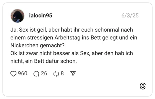 Ja, Sex ist geil, aber habt ihr euch schonmal nach einem stressigen Arbeitstag ins Bett gelegt und ein Nickerchen gemacht? Ok ist zwar nicht besser als Sex, aber den hab ich nicht, ein Bett dafür schon.