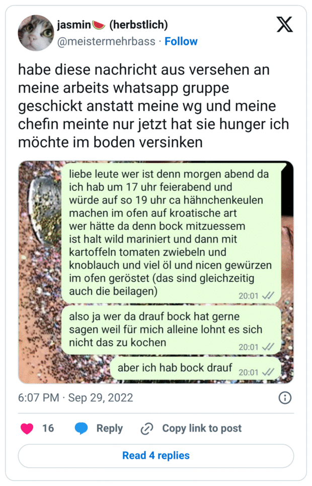 habe diese nachricht aus versehen an meine arbeits whatsapp gruppe geschickt anstatt meine wg und meine chefin meinte nur jetzt hat sie hunger ich möchte im boden versinken