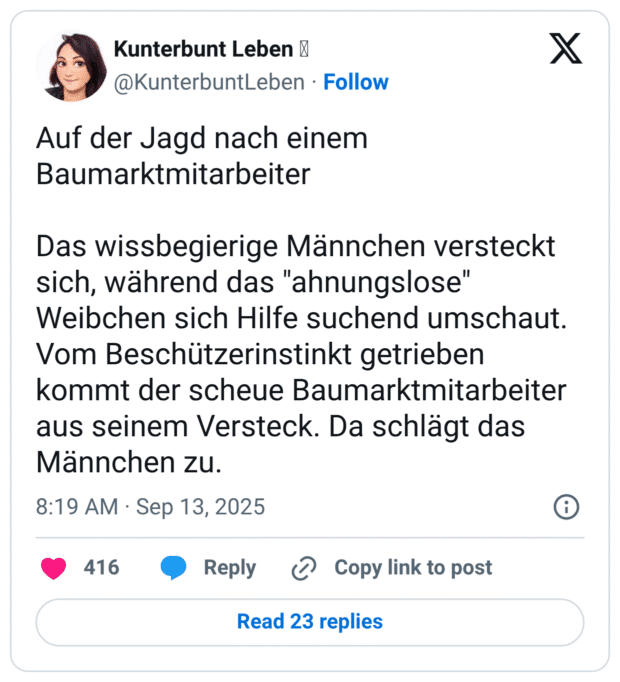 Auf der Jagd nach einem Baumarktmitarbeiter Das wissbegierige Männchen versteckt sich, während das "ahnungslose" Weibchen sich Hilfe suchend umschaut. Vom Beschützerinstinkt getrieben kommt der scheue Baumarktmitarbeiter aus seinem Versteck. Da schlägt das Männchen zu.