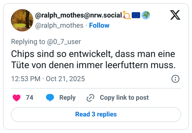 Chips sind so entwickelt, dass man eine Tüte von denen immer leerfuttern muss.