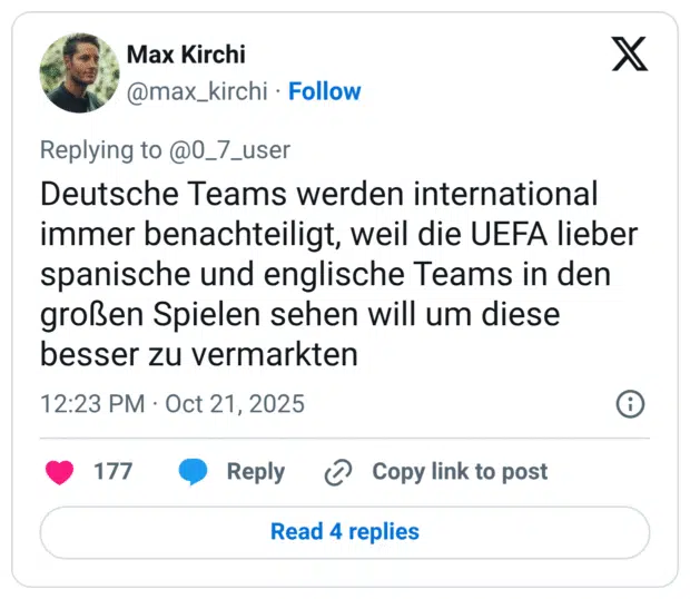Deutsche Teams werden international immer benachteiligt, weil die UEFA lieber spanische und englische Teams in den großen Spielen sehen will um diese besser zu vermarkten