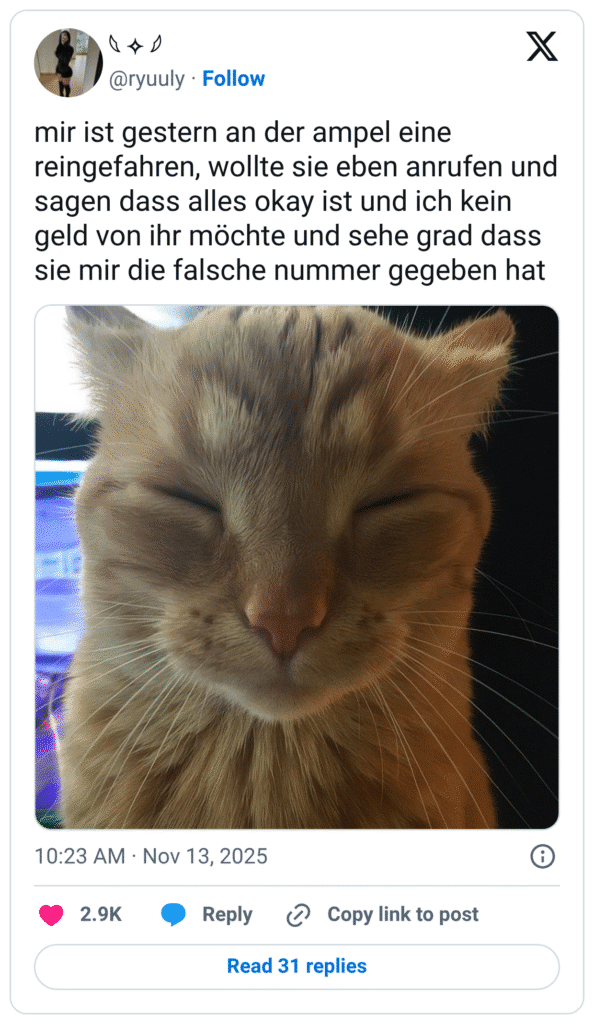 mir ist gestern an der ampel eine reingefahren, wollte sie eben anrufen und sagen dass alles okay ist und ich kein geld von ihr möchte und sehe grad dass sie mir die falsche nummer gegeben hat