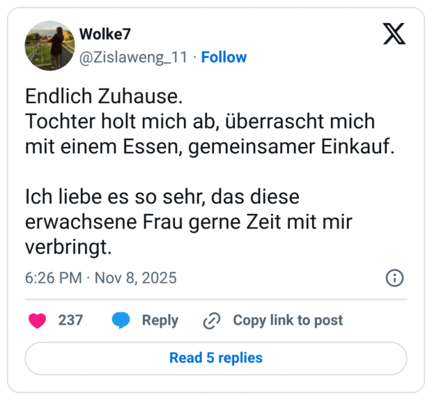 Endlich Zuhause. Tochter holt mich ab, überrascht mich mit einem Essen, gemeinsamer Einkauf. Ich liebe es so sehr, das diese erwachsene Frau gerne Zeit mit mir verbringt.