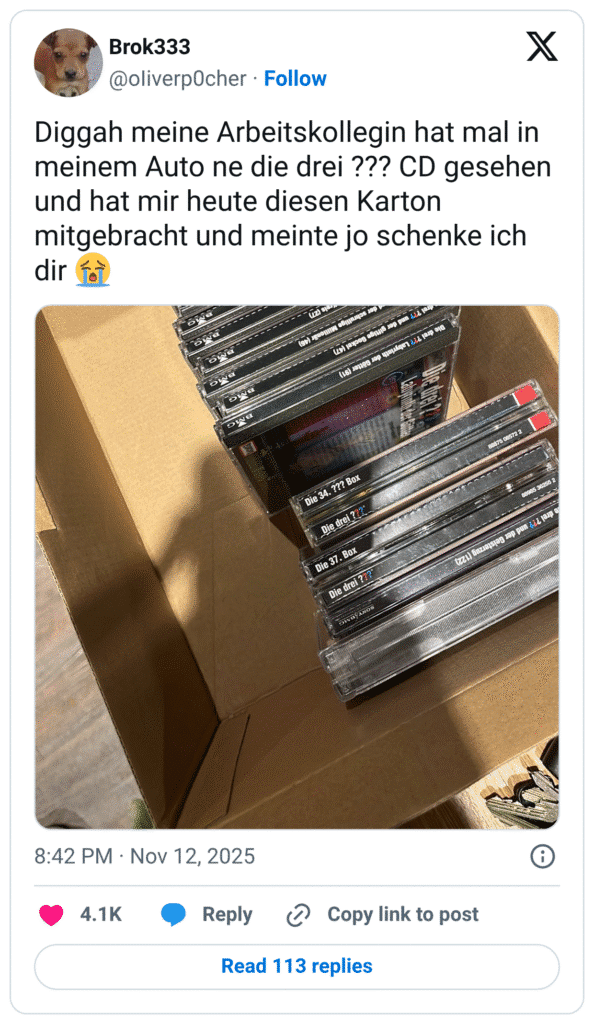 Diggah meine Arbeitskollegin hat mal in meinem Auto ne die drei ??? CD gesehen und hat mir heute diesen Karton mitgebracht und meinte jo schenke ich dir 😭