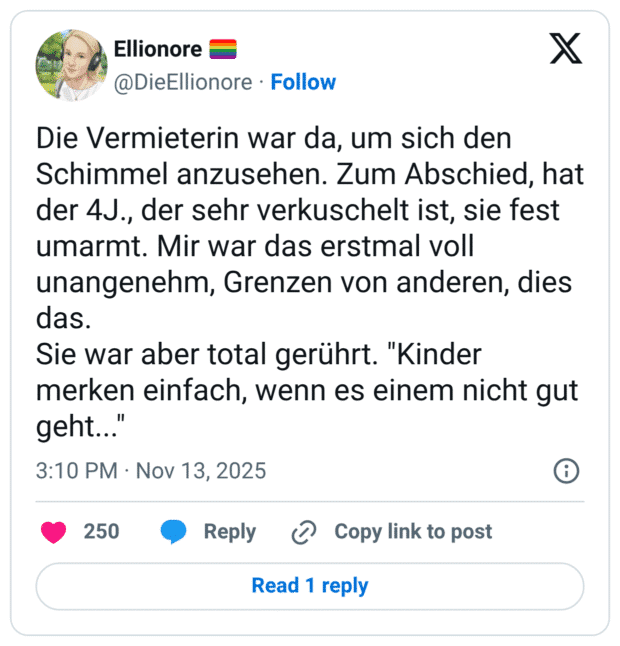 Die Vermieterin war da, um sich den Schimmel anzusehen. Zum Abschied, hat der 4J., der sehr verkuschelt ist, sie fest umarmt. Mir war das erstmal voll unangenehm, Grenzen von anderen, dies das. Sie war aber total gerührt. "Kinder merken einfach, wenn es einem nicht gut geht..."