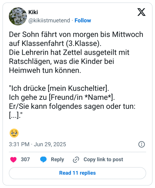 Der Sohn fährt von morgen bis Mittwoch auf Klassenfahrt (3.Klasse). Die Lehrerin hat Zettel ausgeteilt mit Ratschlägen, was die Kinder bei Heimweh tun können. "Ich drücke [mein Kuscheltier]. Ich gehe zu [Freund/in Name]. Er/Sie kann folgendes sagen oder tun: [...]." :gesicht_mit_zurückgehaltenen_tränen: