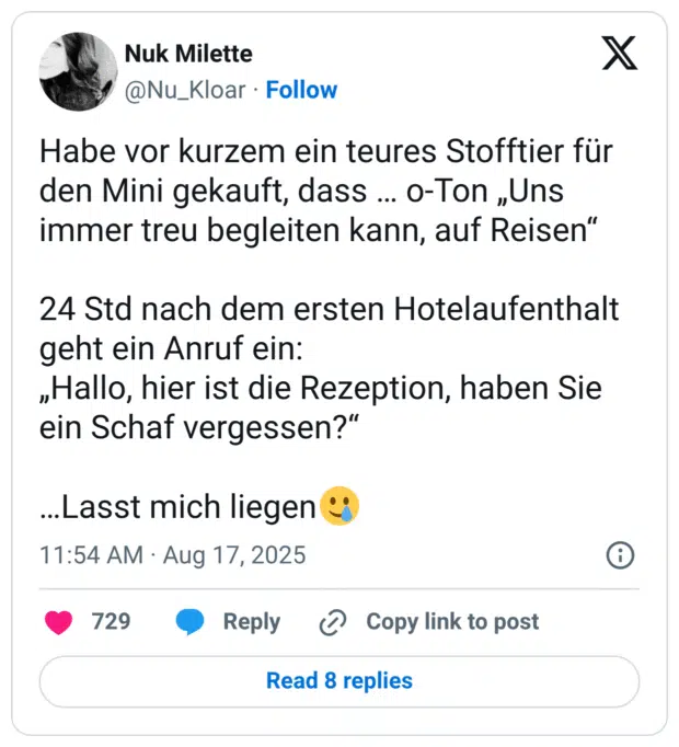 Habe vor kurzem ein teures Stofftier für den Mini gekauft, dass … o-Ton „Uns immer treu begleiten kann, auf Reisen“ 24 Std nach dem ersten Hotelaufenthalt geht ein Anruf ein: „Hallo, hier ist die Rezeption, haben Sie ein Schaf vergessen?“ …Lasst mich liegen:lächelndes_gesicht_mit_träne: