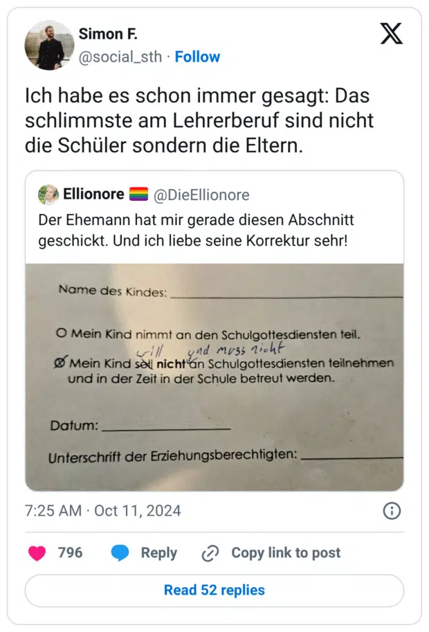 Ich habe es schon immer gesagt: Das schlimmste am Lehrerberuf sind nicht die Schüler sondern die Eltern.