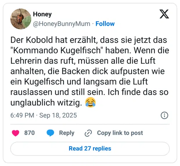 Der Kobold hat erzählt, dass sie jetzt das "Kommando Kugelfisch" haben. Wenn die Lehrerin das ruft, müssen alle die Luft anhalten, die Backen dick aufpusten wie ein Kugelfisch und langsam die Luft rauslassen und still sein. Ich finde das so unglaublich witzig.