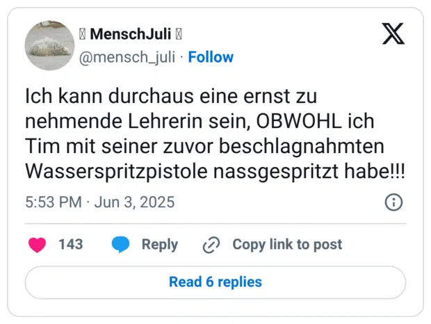 Ich kann durchaus eine ernst zu nehmende Lehrerin sein, OBWOHL ich Tim mit seiner zuvor beschlagnahmten Wasserspritzpistole nassgespritzt habe!!!