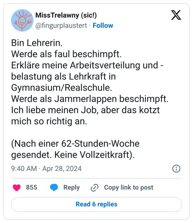 Bin Lehrerin. Werde als faul beschimpft. Erkläre meine Arbeitsverteilung und -belastung als Lehrkraft in Gymnasium/Realschule. Werde als Jammerlappen beschimpft. Ich liebe meinen Job, aber das kotzt mich so richtig an. (Nach einer 62-Stunden-Woche gesendet. Keine Vollzeitkraft).