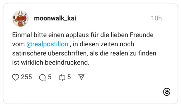 Einmal bitte einen applaus für die lieben Freunde vom @realpostillon , in diesen zeiten noch satirischere überschriften, als die realen zu finden ist wirklich beeindruckend.