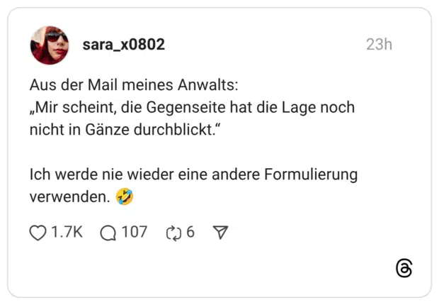 Aus der Mail meines Anwalts: „Mir scheint, die Gegenseite hat die Lage noch nicht in Gänze durchblickt." Ich werde nie wieder eine andere Formulierung verwenden.