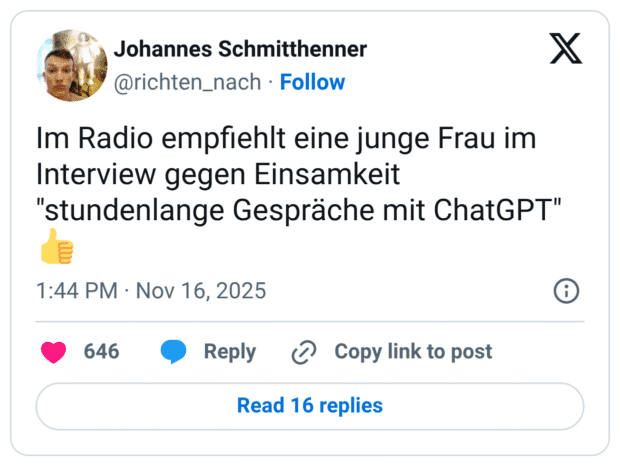 Im Radio empfiehlt eine junge Frau im Interview gegen Einsamkeit "stundenlange Gespräche mit ChatGPT"