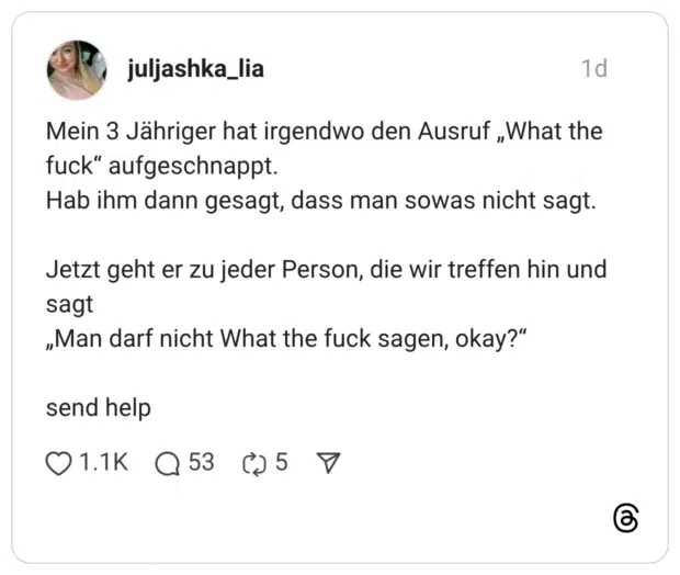 Mein 3 Jähriger hat irgendwo den Ausruf „What the fuck" aufgeschnappt. Hab ihm dann gesagt, dass man sowas nicht sagt. Jetzt geht er zu jeder Person, die wir treffen hin und sagt „Man darf nicht What the fuck sagen, okay?" send help
