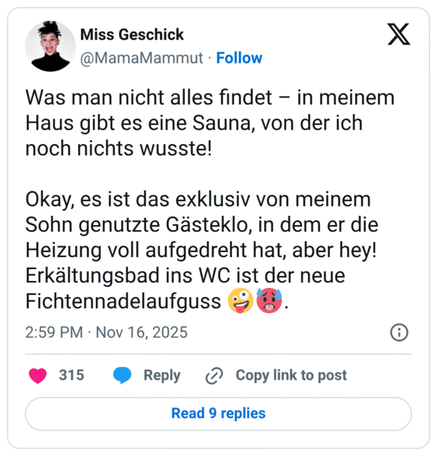 Was man nicht alles findet - in meinem Haus gibt es eine Sauna, von der ich noch nichts wusste! Okay, es ist das exklusiv von meinem Sohn genutzte Gästeklo, in dem er die Heizung voll aufgedreht hat, aber hey! Erkältungsbad ins WC ist der neue Fichtennadelaufguss