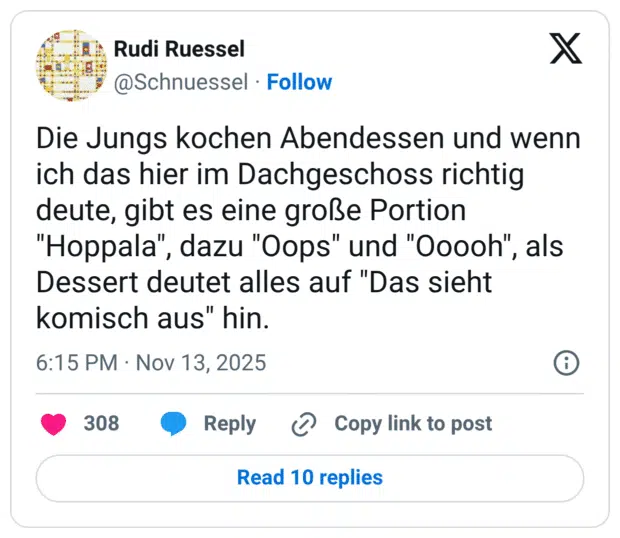 Die Jungs kochen Abendessen und wenn ich das hier im Dachgeschoss richtig deute, gibt es eine große Portion "Hoppala", dazu "Oops" und "Ooooh", als Dessert deutet alles auf "Das sieht komisch aus" hin.