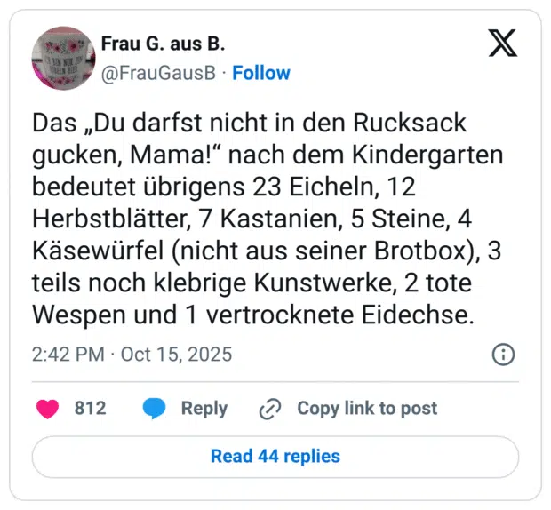 Das „Du darfst nicht in den Rucksack gucken, Mama!" nach dem Kindergarten bedeutet übrigens 23 Eicheln, 12 Herbstblätter, 7 Kastanien, 5 Steine, 4 Käsewürfel (nicht aus seiner Brotbox), 3 teils noch klebrige Kunstwerke, 2 tote Wespen und 1 vertrocknete Eidechse.