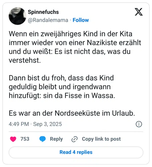 Wenn ein zweijähriges Kind in der Kita immer wieder von einer Nazikiste erzählt und du weißt: Es ist nicht das, was du verstehst. Dann bist du froh, dass das Kind geduldig bleibt und irgendwann hinzufügt: sin da Fisse in Wassa. Es war an der Nordseeküste im Urlaub.