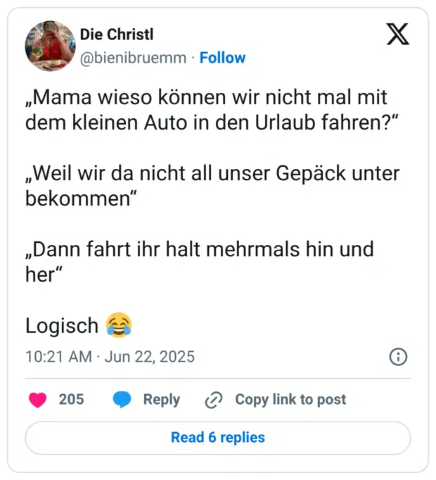„Mama wieso können wir nicht mal mit dem kleinen Auto in den Urlaub fahren?“ „Weil wir da nicht all unser Gepäck unter bekommen“ „Dann fahrt ihr halt mehrmals hin und her“ Logisch :freudentränen:
