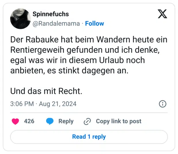 Der Rabauke hat beim Wandern heute ein Rentiergeweih gefunden und ich denke, egal was wir in diesem Urlaub noch anbieten, es stinkt dagegen an. Und das mit Recht.