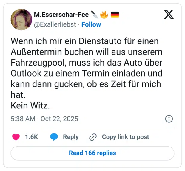 Wenn ich mir ein Dienstauto für einen Außentermin buchen will aus unserem Fahrzeugpool, muss ich das Auto über Outlook zu einem Termin einladen und kann dann gucken, ob es Zeit für mich hat. Kein Witz.