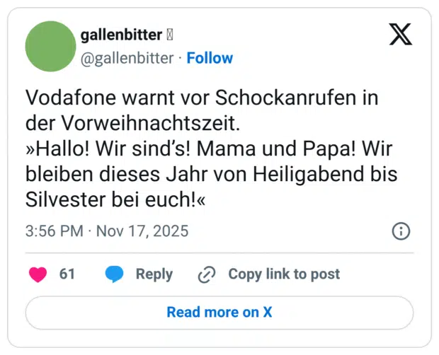Vodafone warnt vor Schockanrufen in der Vorweihnachtszeit. »Hallo! Wir sind's! Mama und Papa! Wir bleiben dieses Jahr von Heiligabend bis Silvester bei euch!«
