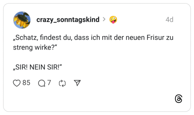 Schatz, findest du, dass ich mit der neuen Frisur zu streng wirke?" „SIR! NEIN SIR!"