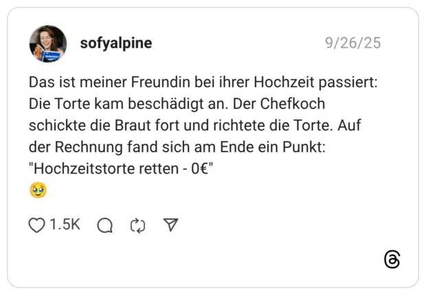 Das ist meiner Freundin bei ihrer Hochzeit passiert: Die Torte kam beschädigt an. Der Chefkoch schickte die Braut fort und richtete die Torte. Auf der Rechnung fand sich am Ende ein Punkt: "Hochzeitstorte retten - 0€" 🥹