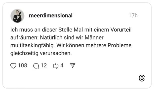 Ich muss an dieser Stelle Mal mit einem Vorurteil aufräumen: Natürlich sind wir Männer multitaskingfähig. Wir können mehrere Probleme gleichzeitig verursachen.
