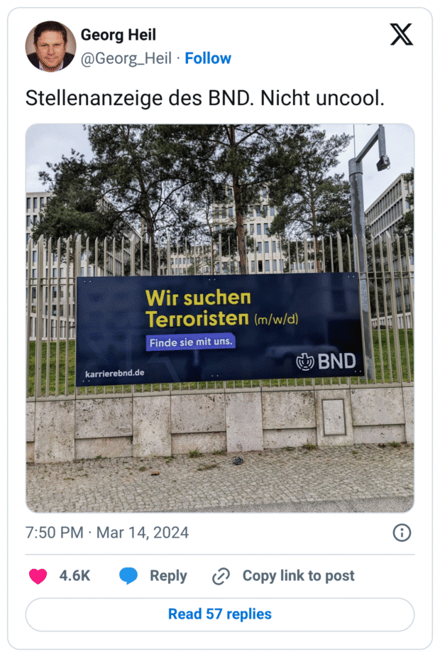 Stellenanzeige des BND. Nicht uncool.