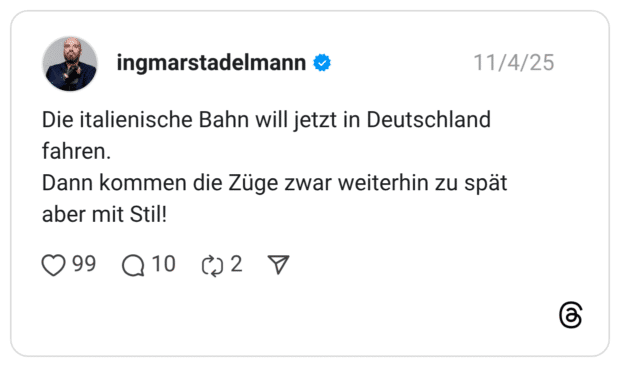 Die italienische Bahn will jetzt in Deutschland fahren. Dann kommen die Züge zwar weiterhin zu spät aber mit Stil