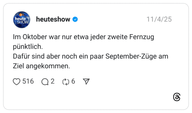 m Oktober war nur etwa jeder zweite Fernzug pünktlich. Dafür sind aber noch ein paar September-Züge am Ziel angekomme