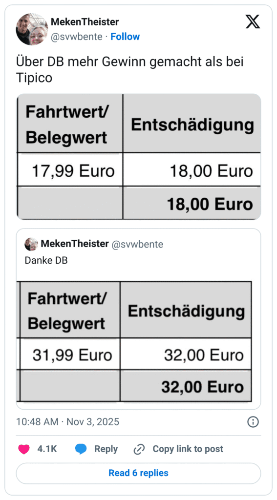 Über DB mehr Gewinn gemacht als bei Tipico Fahrtwert/ Belegwert 17,99 Euro MekenTheister @svwbente Danke DB Fahrtwert/ Belegwert